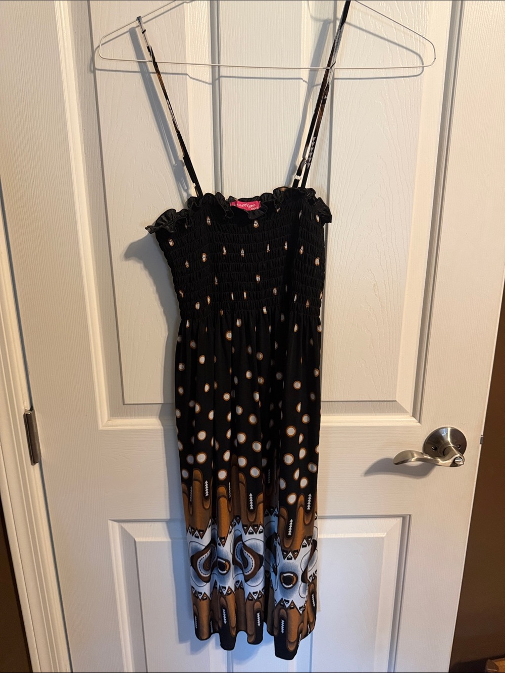 Smocked Black Polka Dot Midi Dress with Brown Accent
